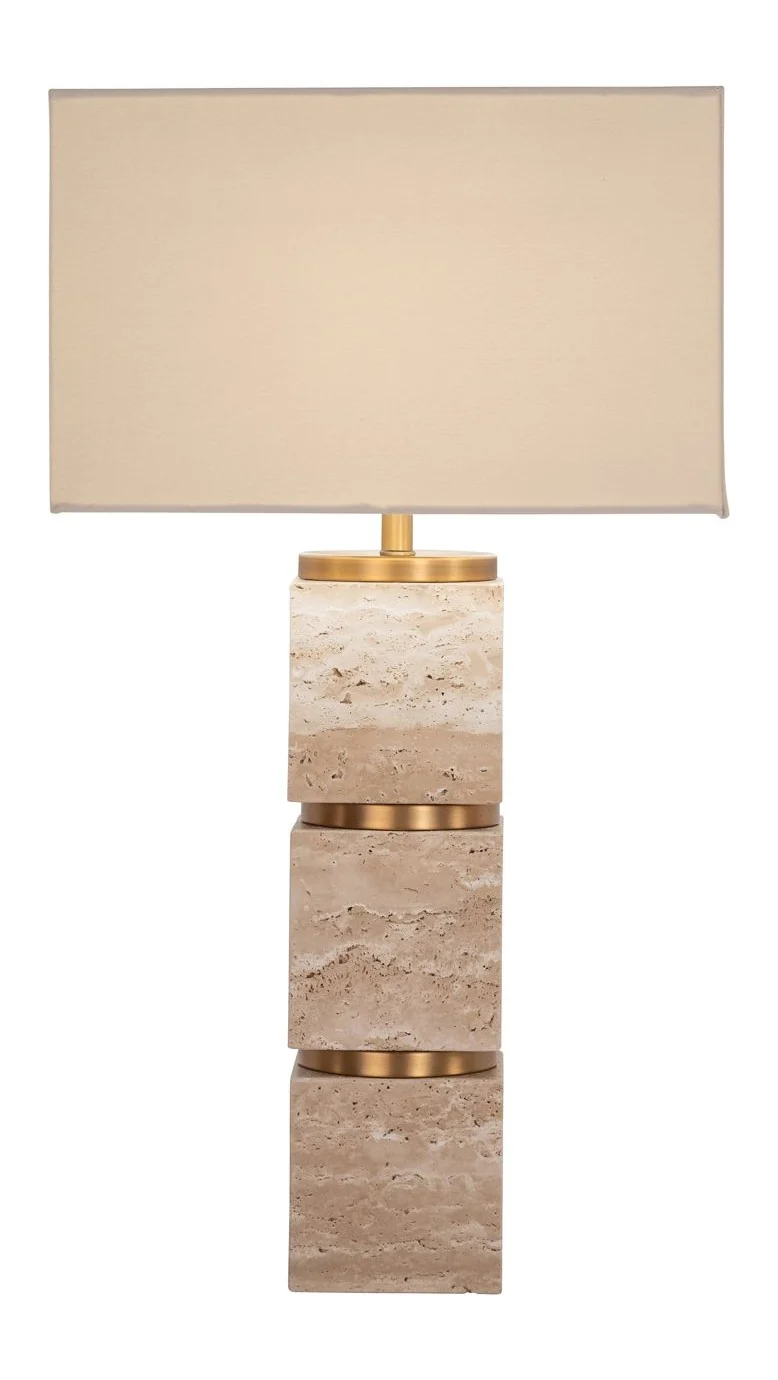 Tischlampe Jaella Beige aus Eisen und Travertin mit E27-Fassung