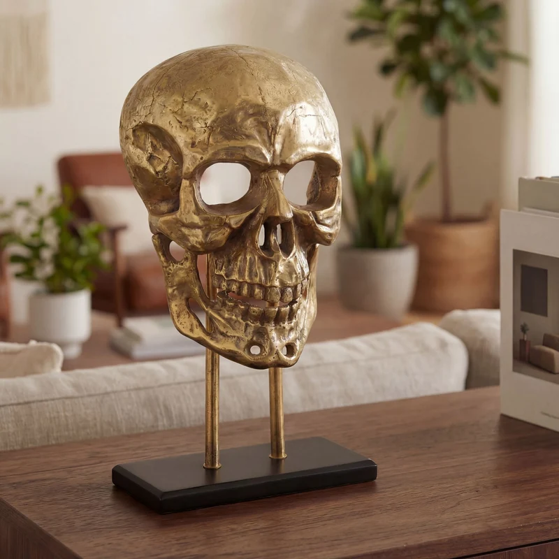 Deko-Totenkopf Skull Aluminium Gold 57 cm mit Standfuß, Handmade