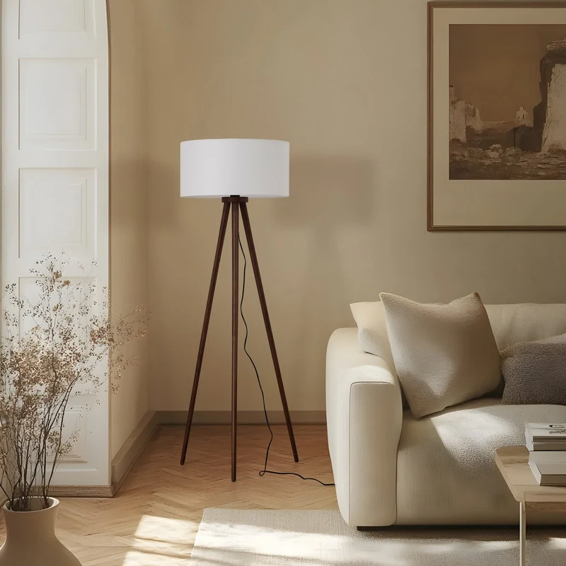B-Ware Lindby Stehleuchte Lampe Charlia weiß Wallnussholz Höhe 150 cm Wohnzimmer