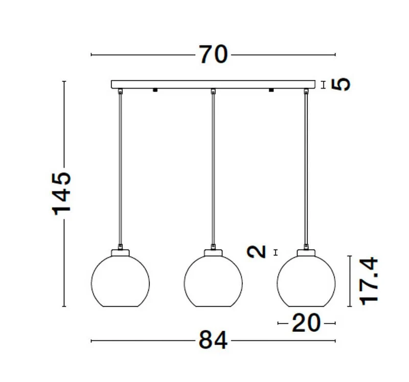 Palmer Pendelleuchte Balken 70cm 3-flammig Schwarz, Rauch