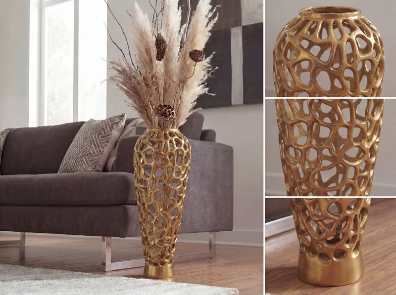 Bodenvase Aluminium Gold 85 cm, XXL Standvase handmade fürs Wohnzimmer