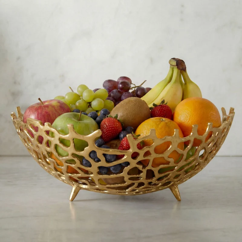 Wohnling Obstschale Gold, 46 cm – Aluminium-Obstkorb mit Korallenoptik