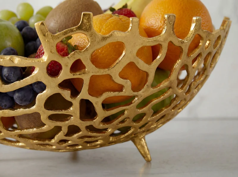 Wohnling Obstschale Gold, 46 cm – Aluminium-Obstkorb mit Korallenoptik
