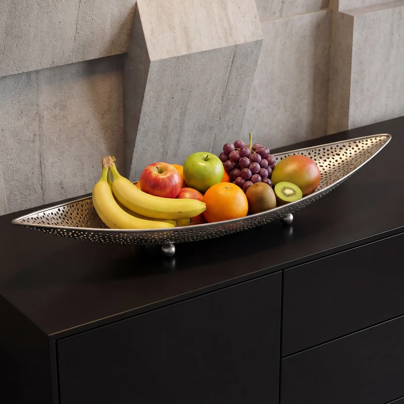 Obstschale Silber Oval 60 cm mit Lochmuster aus Metall von Wohnling