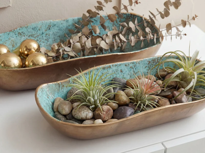 Dekoschale Oval 2er-Set Gold Patina aus Aluminium, Vintage-Look