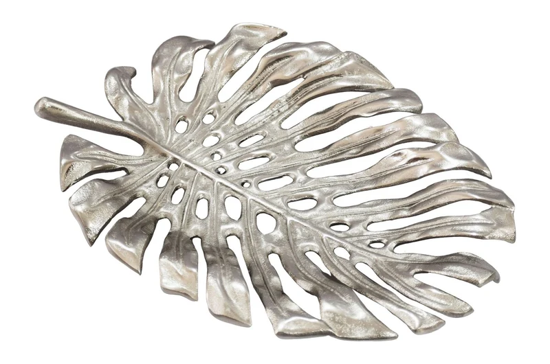 Dekoschale Monstera 36 cm Silber aus Aluminium, Schmuckschale Handmade