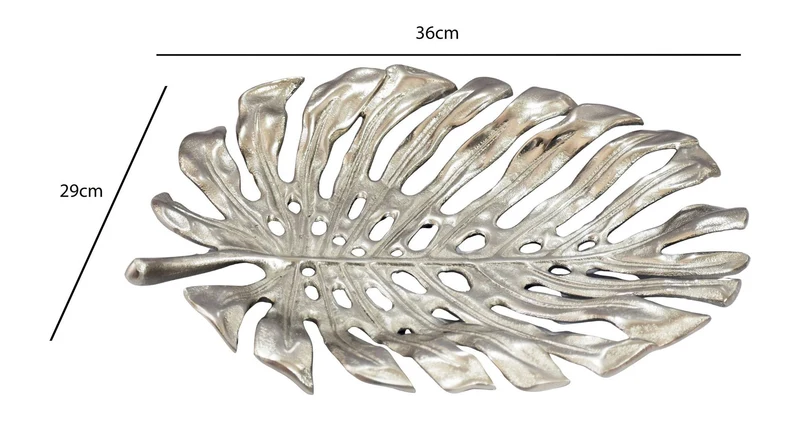 Dekoschale Monstera 36 cm Silber aus Aluminium, Schmuckschale Handmade