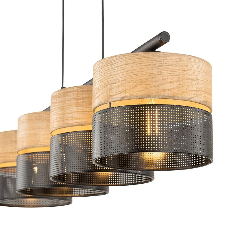 B-Ware Hängelampe Nicol schwarz/Holzoptik 94x20 cm 4 x E27 Deckenlampe Lampe Leuchte