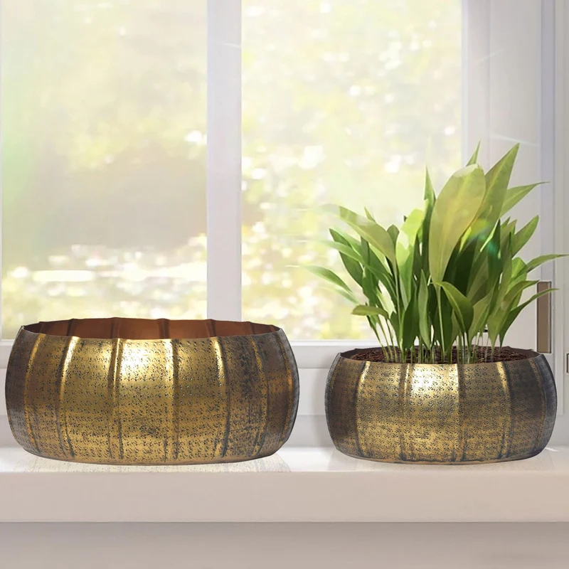 Pflanzkübel 2er Set Aluminium Gold Rund Indoor Hammerschlag Design