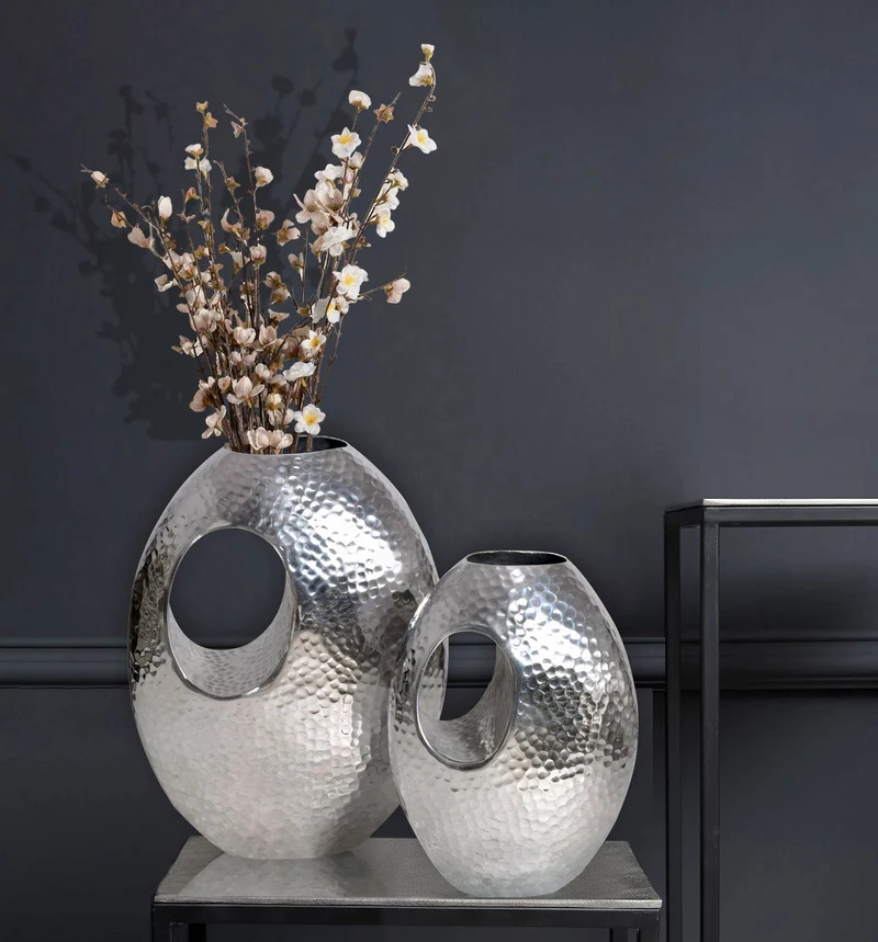 Vase 2er Set Aluminium Silber Hammerschlag Modern mit Tragegriff