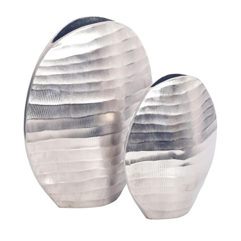 Vase 2er Set Aluminium Silber Wellenmuster Modern Tischdeko