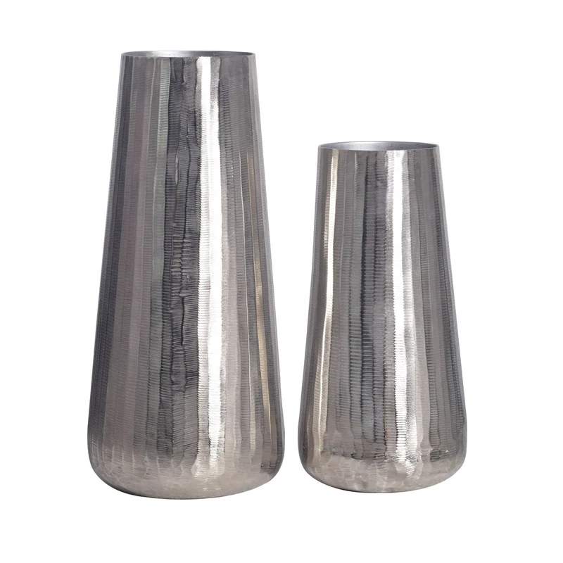 Vase 2er Set Aluminium Silber Rund Modern Tischvase Handgefertigt