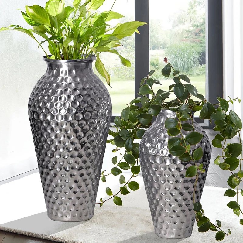 Vase 2er Set Aluminium Silber Amphore Modern Tischdeko Handgefertigt
