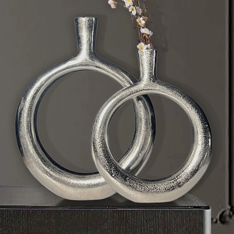 Vase 2er Set Aluminium Silber Donut Modern Rund Handgefertigt