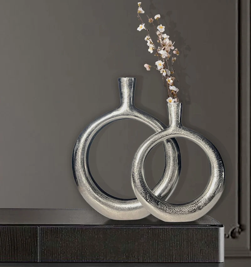 Vase 2er Set Aluminium Silber Donut Modern Rund Handgefertigt