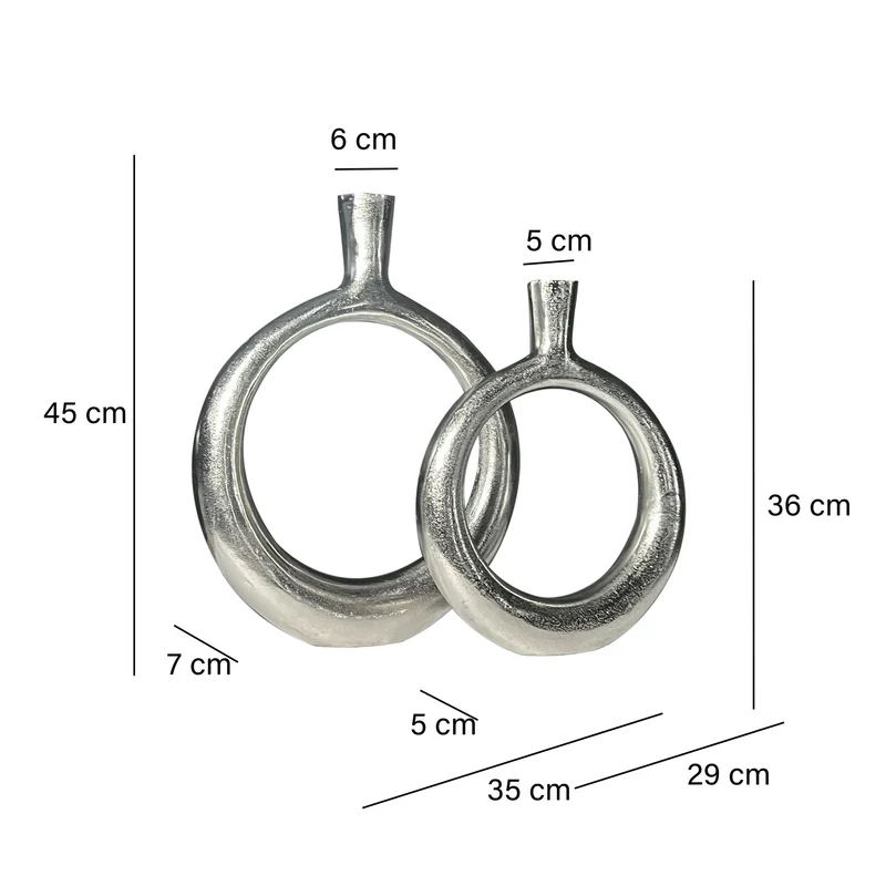 Vase 2er Set Aluminium Silber Donut Modern Rund Handgefertigt