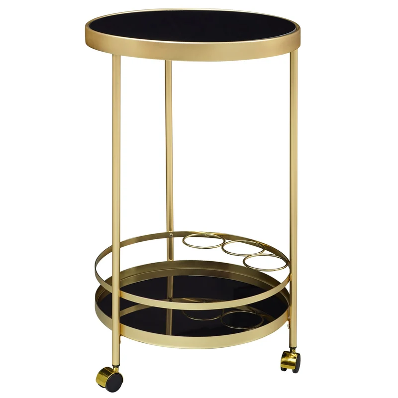 Servierwagen Gold Rund Ø45cm 2 Ebenen Glasplatte Schwarz Rollen