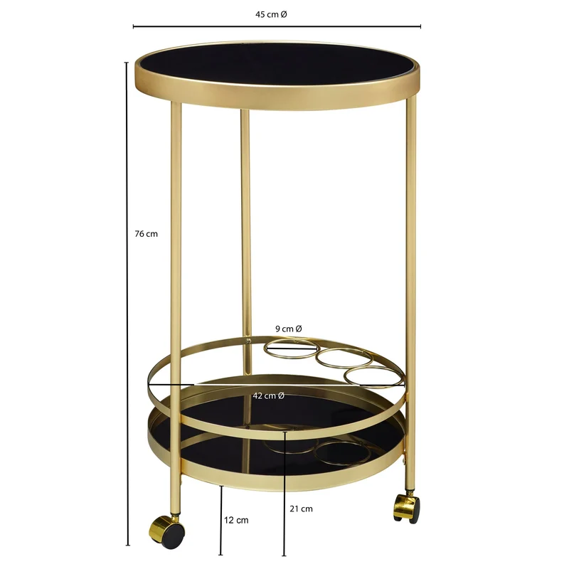 Servierwagen Gold Rund Ø45cm 2 Ebenen Glasplatte Schwarz Rollen