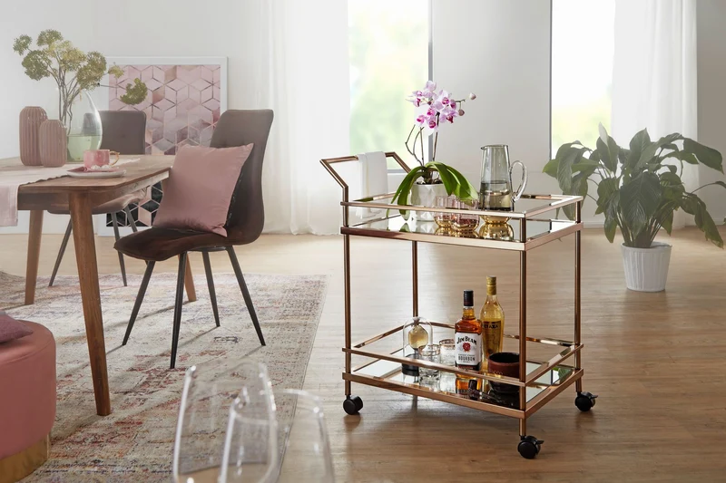 Servierwagen Dunkles Gold 2 Ebenen Glasplatte Rollen Bremsen