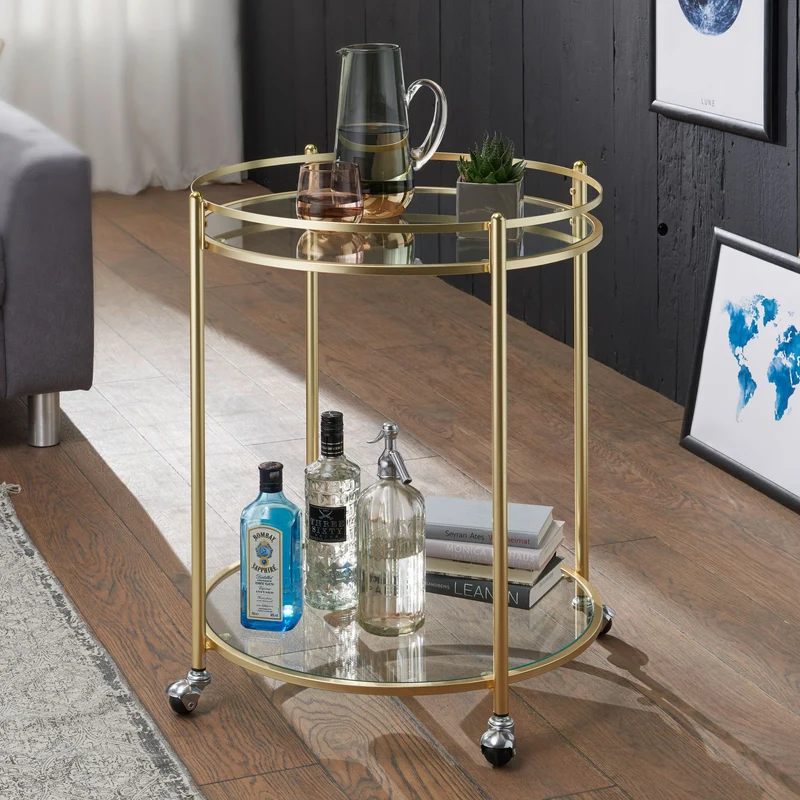 Servierwagen Gold Metall Glasplatten Rollen 57cm Rund 75cm hoch