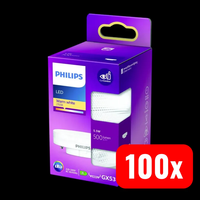 100x B-Ware Philips LED Lampe GX53 warmweiß Reflektor 500 lm Weiß 2700 K 5,5 W 100 STÜCK