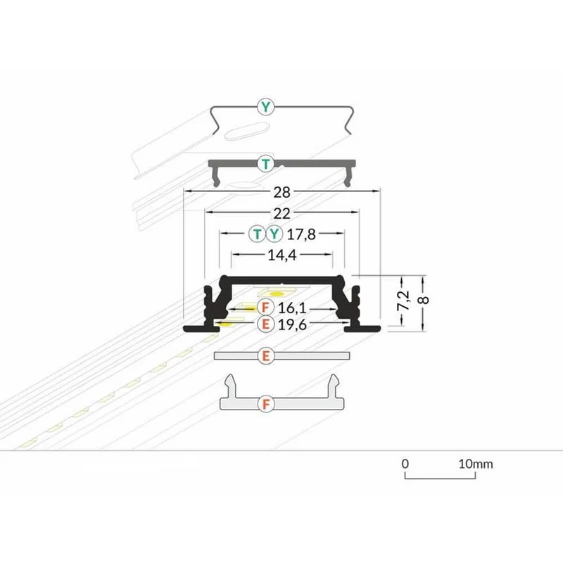 Einbauprofil flach 200cm Weiß ohne Abdeckung für LED-Strips