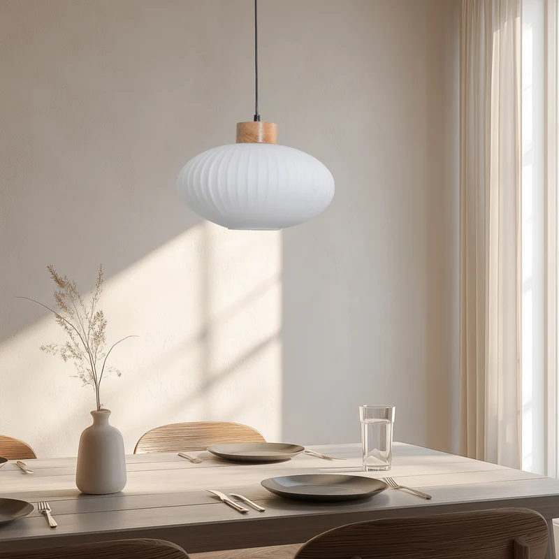 B-Ware Hängeleuchte Pendelleuchte Harmony Glas Holz Weiß Eiche Wohnzimmer 25 cm
