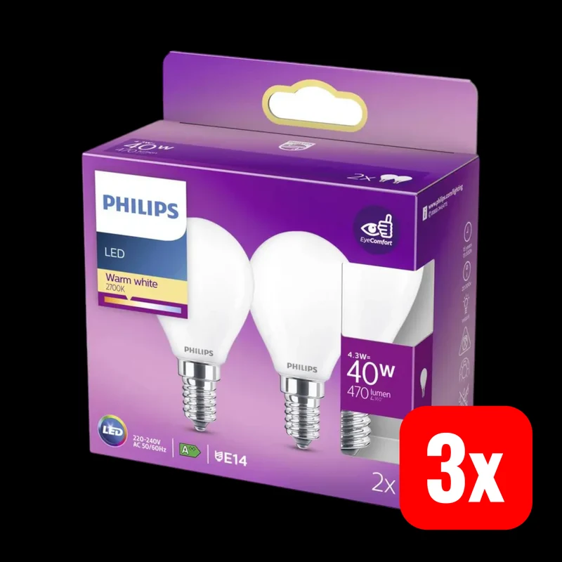 3x B-Ware Philips LED Lampe Glühbirne E14 Tropfenform Warmweiß 4,3 W Weiß 2er-Pack 3 SETS