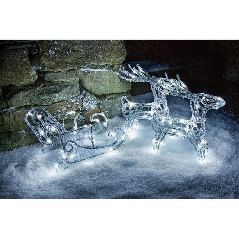 LED Acryl-Set Schlitten mit 2 Rentieren 96 Kaltweiße Dioden 24V