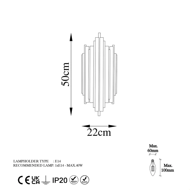 B-Ware Wandleuchte Reis 13341 goldfarben Metall Höhe 50 cm Wandlampe Lampe Leuchte Spot