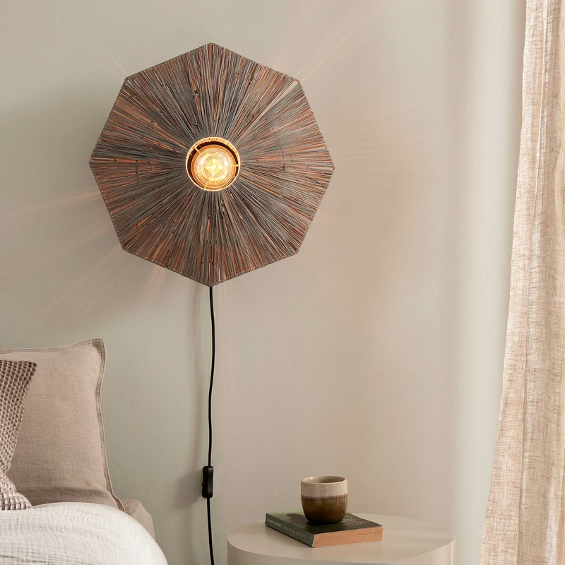 B-Ware GOOD MOJO Wandleuchte Panama dunkelgrau Raffia E27 LED Schalter Stecker 45 cm