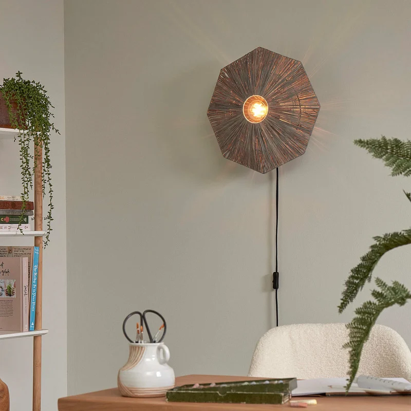B-Ware GOOD MOJO Wandleuchte Panama dunkelgrau Raffia E27 LED Schalter Stecker 45 cm