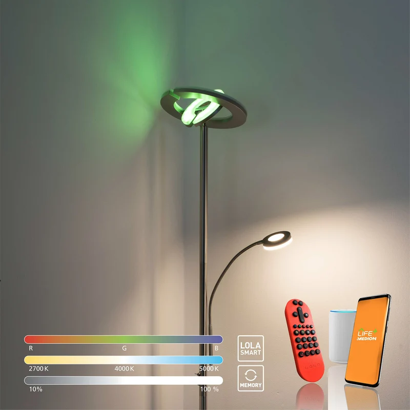 B-Ware LOLA Smart LED-Deckenfluter Rocco dimmbar mit Lesearm Farbwechsel silber 195cm