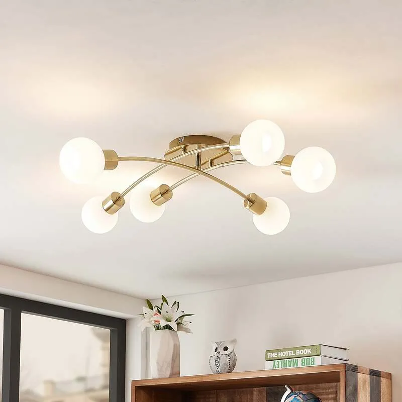 B-Ware Lindby Deckenleuchte Agmar LED Lampe dimmbar 6-flg messingfarben Glas 80x72cm