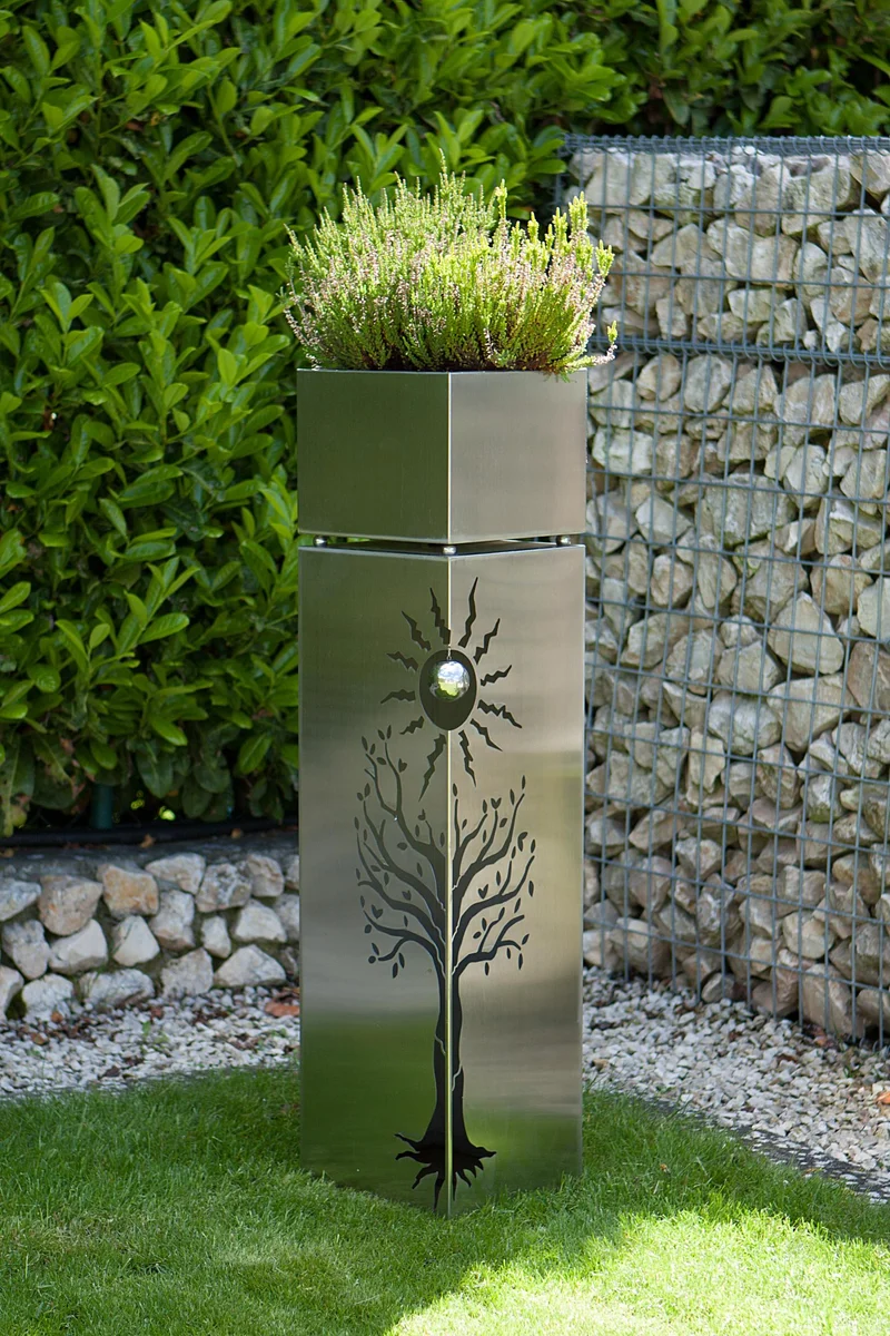 Outdoor Edelstahl Pflanzsäule mit Baum- und Sonnenmustern 102 cm hoch