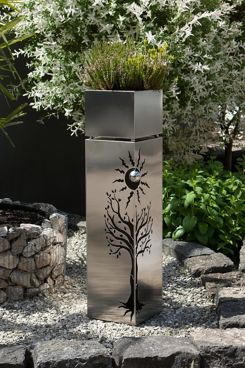 Outdoor Edelstahl Pflanzsäule mit Baum- und Sonnenmustern 102 cm hoch