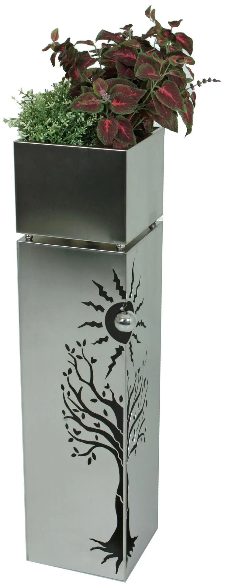 Outdoor Edelstahl Pflanzsäule mit Baum- und Sonnenmustern 102 cm hoch