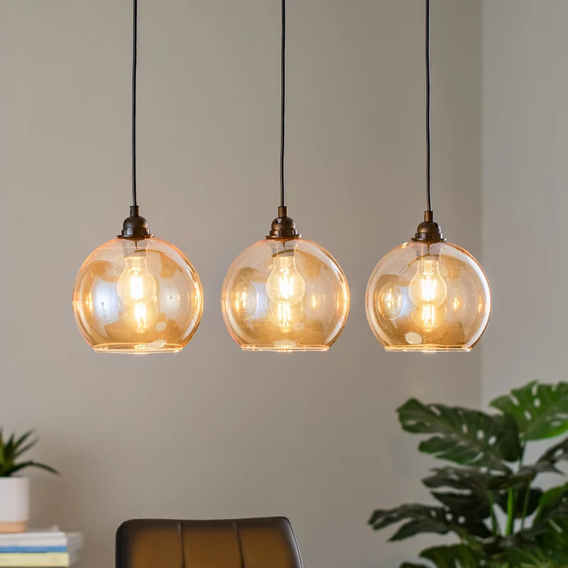 B-Ware Opviq Hängelampe Gold 022 Hängeleuchte Lampe 3-flg linear Glas Ø20cm SIEHE TEXT