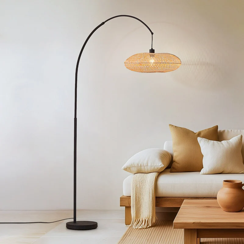 B-Ware Lindby Bogenleuchte Solvian schwarz/natur Bambus Metall Lampe Leuchte Spot