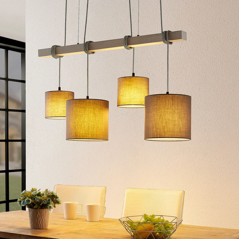 B-Ware Lindby Rukaia Pendelleuchte, Stoffschirme grau 4-fl. Pendelleuchte Lampe Leuchte