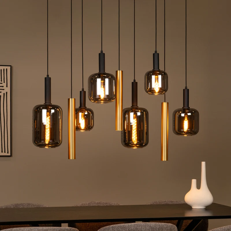 B-Ware Lucide Hängeleuchte Pendelleuchte Joanet Glas Rauchgrau Messing 130 cm 9-flammig
