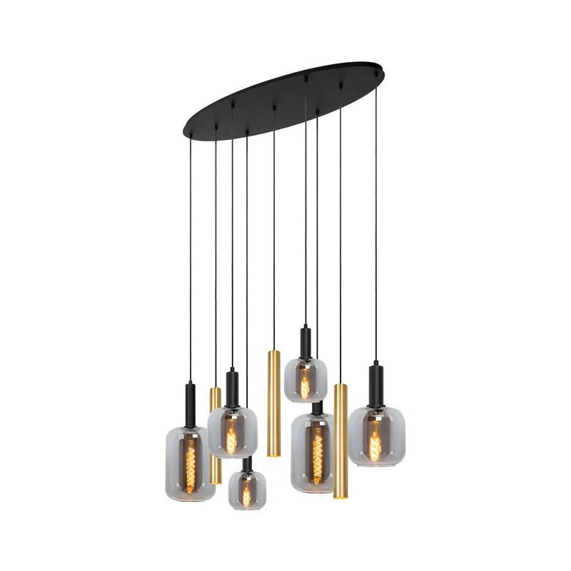 B-Ware Lucide Hängeleuchte Pendelleuchte Joanet Glas Rauchgrau Messing 130 cm 9-flammig