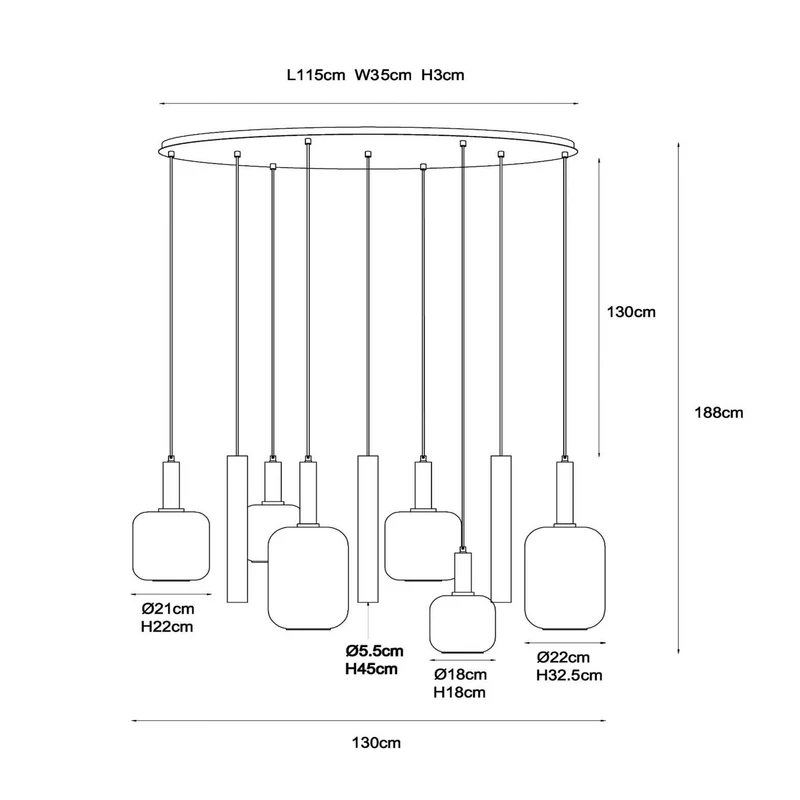 B-Ware Lucide Hängeleuchte Pendelleuchte Joanet Glas Rauchgrau Messing 130 cm 9-flammig