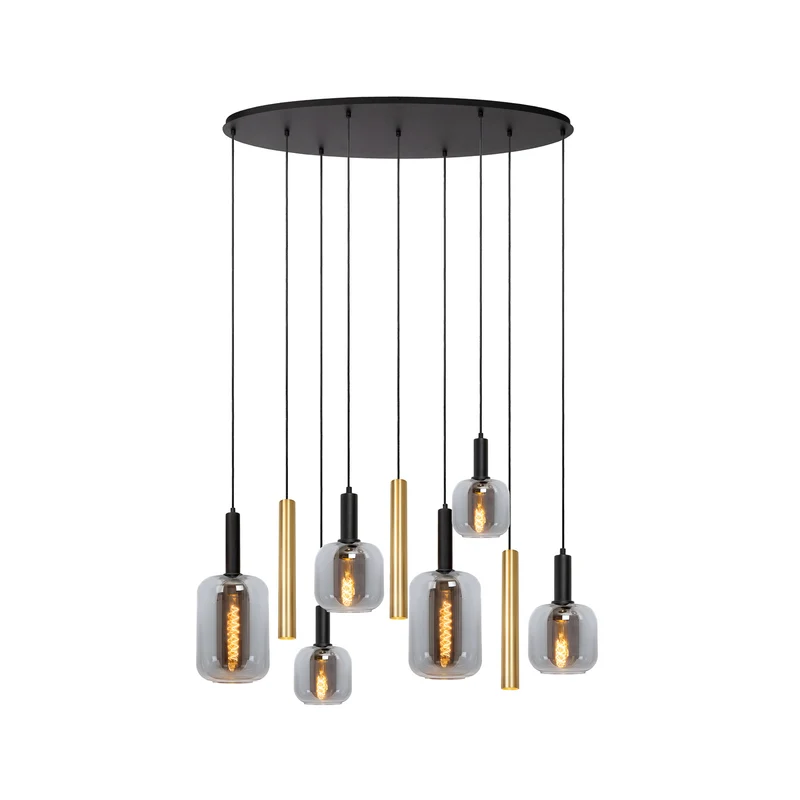 B-Ware Lucide Hängeleuchte Pendelleuchte Joanet Glas Rauchgrau Messing 130 cm 9-flammig
