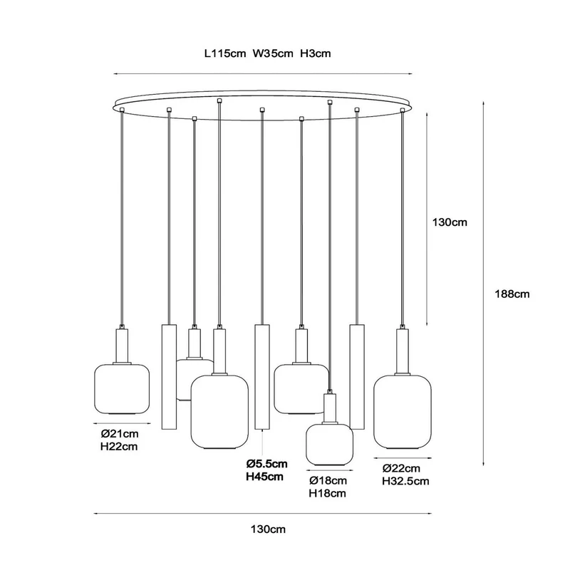 B-Ware Lucide Hängeleuchte Pendelleuchte Joanet Glas Rauchgrau Messing 130 cm 9-flammig