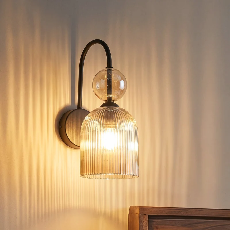 B-Ware Sophia Wandleuchte Wandlampe Glas Metall cognac schwarz Lampe Leuchte LED E14