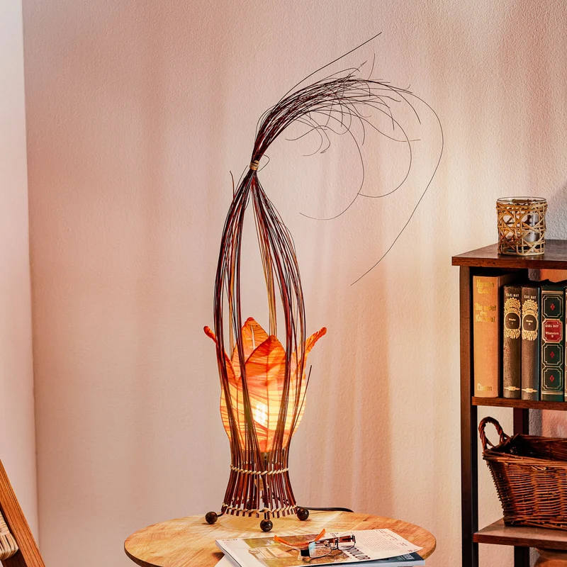 B-Ware Woru Tischleuchte Lampe Elena Stoffschirm Orange Holz Textil Schalter Unikat