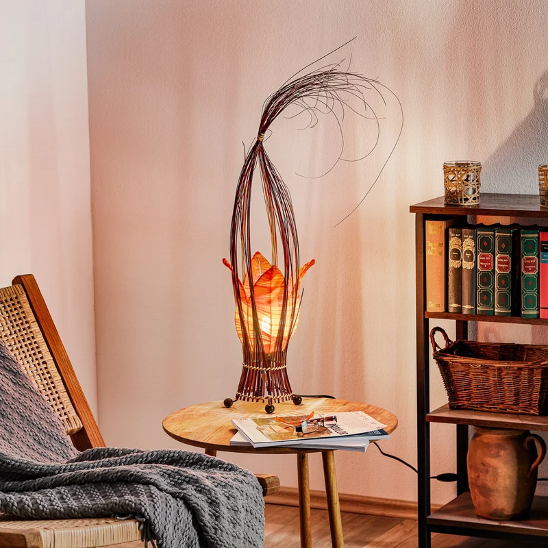 B-Ware Woru Tischleuchte Lampe Elena Stoffschirm Orange Holz Textil Schalter Unikat