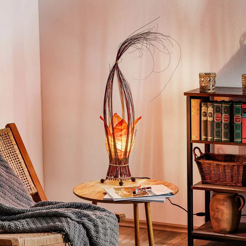 B-Ware Woru Tischleuchte Lampe Elena Stoffschirm Orange Holz Textil Schalter Unikat