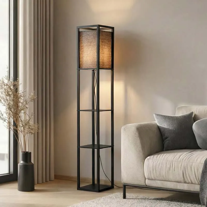 B-Ware Lindby Stehleuchte Birta Regal Lampe LED Holz schwarz 159cm Höhe Ablageflächen